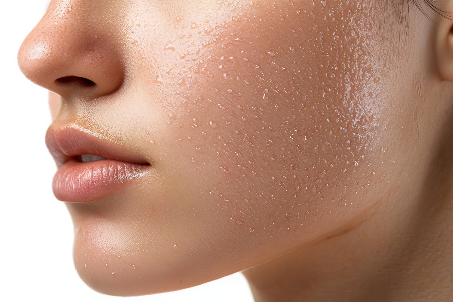 Jak klimatyzacja wpływa na cerę i jak ją nawilżać Nawilżona skóra twarzy kobiety, efekt właściwej pielęgnacji cery przy klimatyzacji